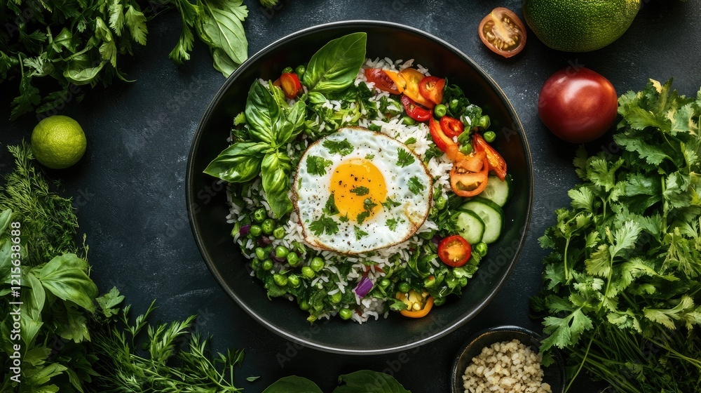 An appetizing shot of Thai basil fried rice with egg, served in a traditional Thai bowl, surrounded by fresh herbs and colorful vegetables, celebrating the flavors of Thai cuisine. An appetizing shot of Thai basil fried rice with egg, served in a traditional Thai bowl, surrounded by fresh herbs and colorful vegetables, celebrating the flavors of Thai cuisine.