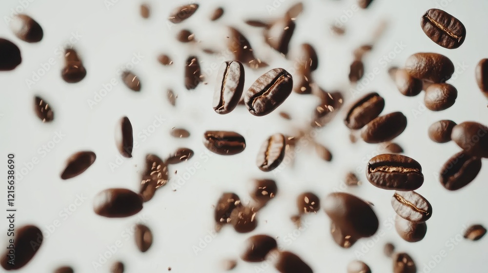 Obraz premium A cascade of coffee beans falling from the top of the frame, creating a lively scene with a pure white backdrop.
