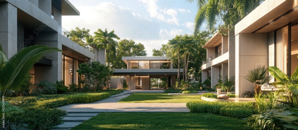 Obraz premium Modern Oasis: Stunning Residential Exterior Design with Impeccable Landscaping, Sleek Lines, and Lush Greenery. Perfect for Home Design & Architectural Publications, Real Estate & Home Design Ads.