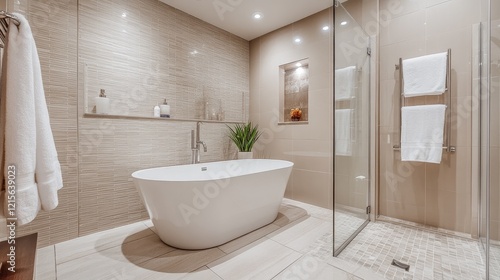 Wallpaper Mural An elegantly designed minimalist bathroom showcasing a freestanding tub, a walk-in shower with clear glass, and neutral tiles, creating a tranquil spa-like atmosphere. Torontodigital.ca