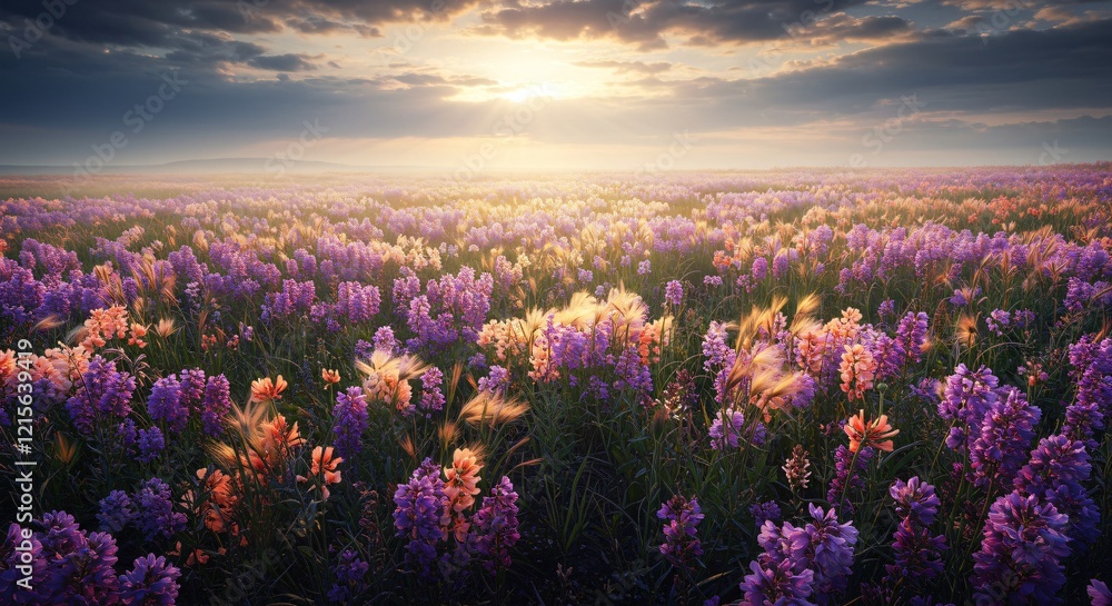 Naklejka premium A glowing meadow filled with flowers that change color as the wind blows