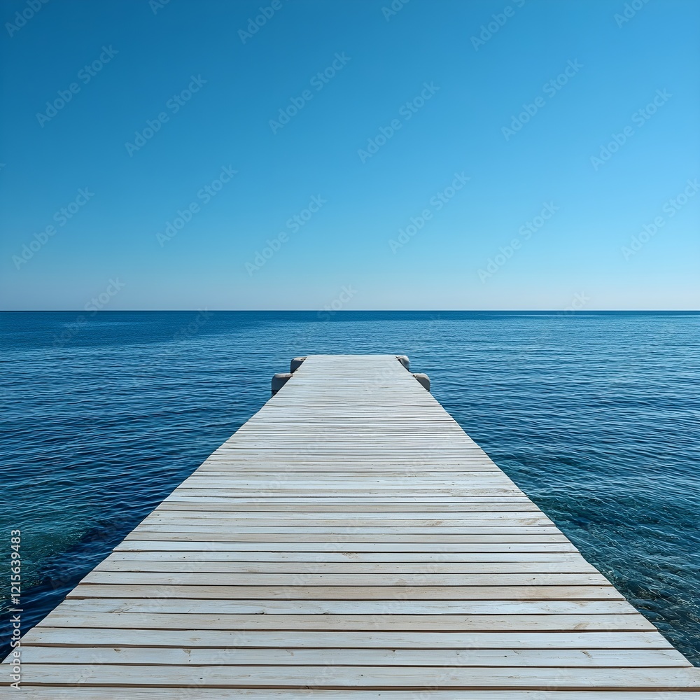 Sunlit pier extending into the calm sea with clear skies and gentle waves. Sunlit pier extending into the calm sea with clear skies and gentle waves.