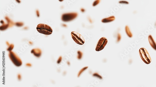 Coffee beans falling in a scattered pattern across a white surface, creating a clean, modern aesthetic.