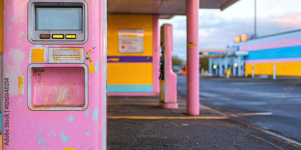 Fototapeta premium Weathered Pink Gas Pump Payment Terminal and Gas Station Facade