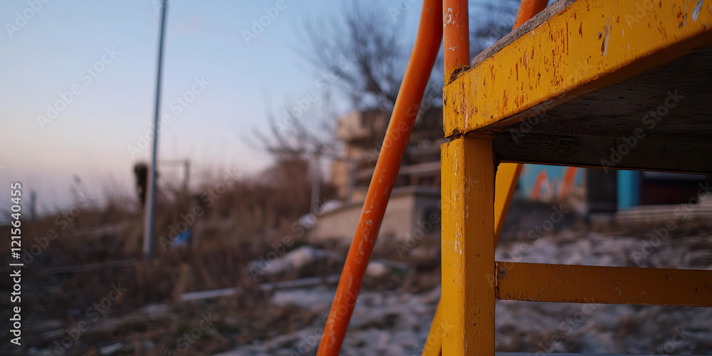 Close-up of Weathered Yellow Metal Structure and Orange Supports Close-up of Weathered Yellow Metal Structure and Orange Supports