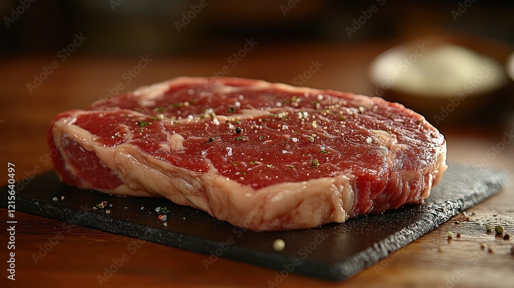 Seasoned ribeye steak on slate, kitchen setting Seasoned ribeye steak on slate, kitchen setting
