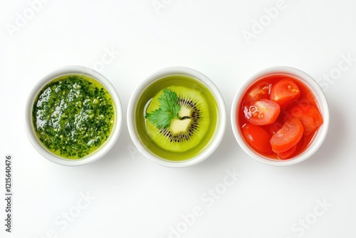 This image presents three bowls filled with vibrant sauces accented by cherry tomatoes, creating a fresh and colorful presentation perfect for culinary creations. photo