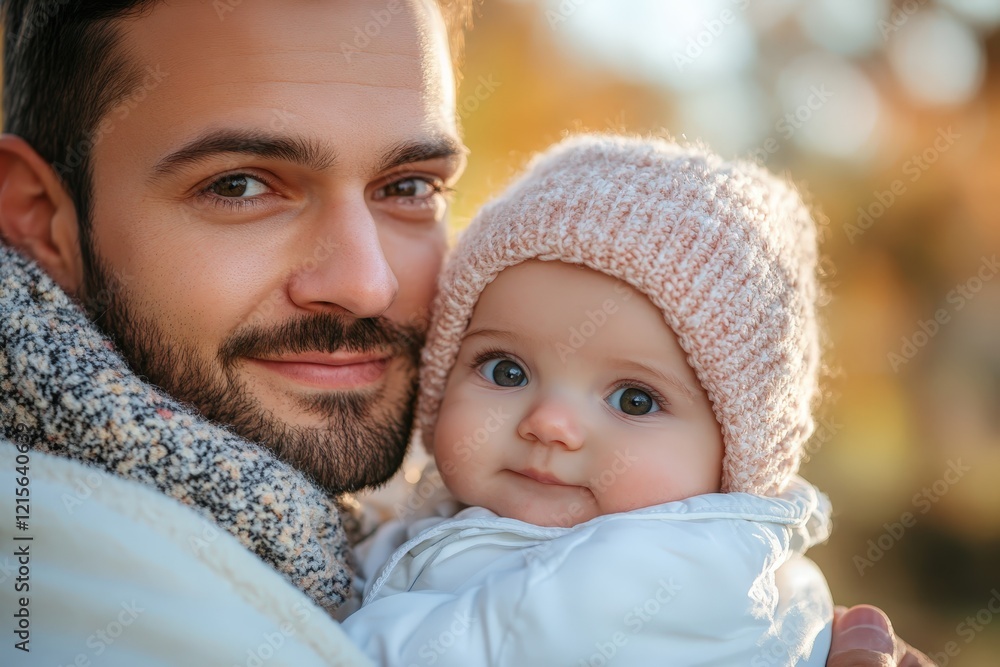 Obraz premium A heartwarming scene of a father holding his baby in his arms, both smiling warmly at the camera amidst a beautiful natural background lit by golden sunlight.