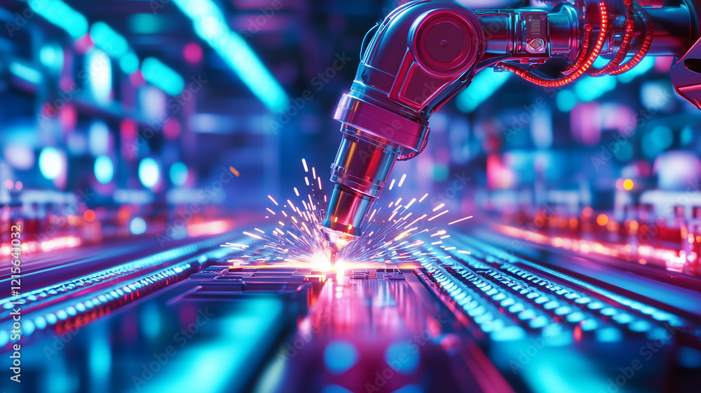 Fototapeta premium Automated Welding Process with Robotic Arm A futuristic factory environment showcasing a robotic arm executing a welding task on a metal assembly line, emphasizing efficiency and