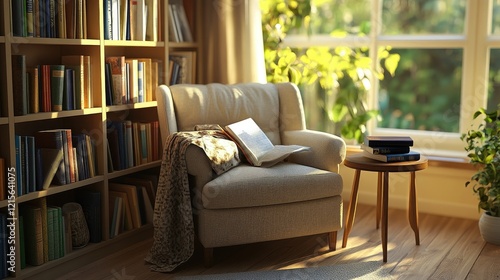 An intimate reading nook in a living room with a comfortable armchair, a small side table, and a stack of books, creating a cozy spot for enjoying literature and relaxation.
