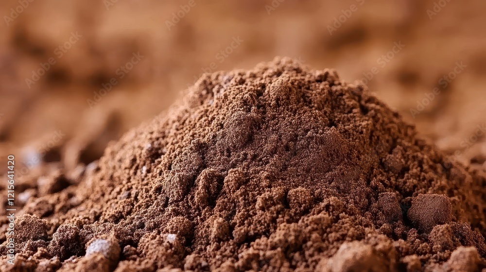 Close-up of a mound of rich brown soil with a blurred background of earthy tones, showcasing texture Close-up of a mound of rich brown soil with a blurred background of earthy tones, showcasing texture