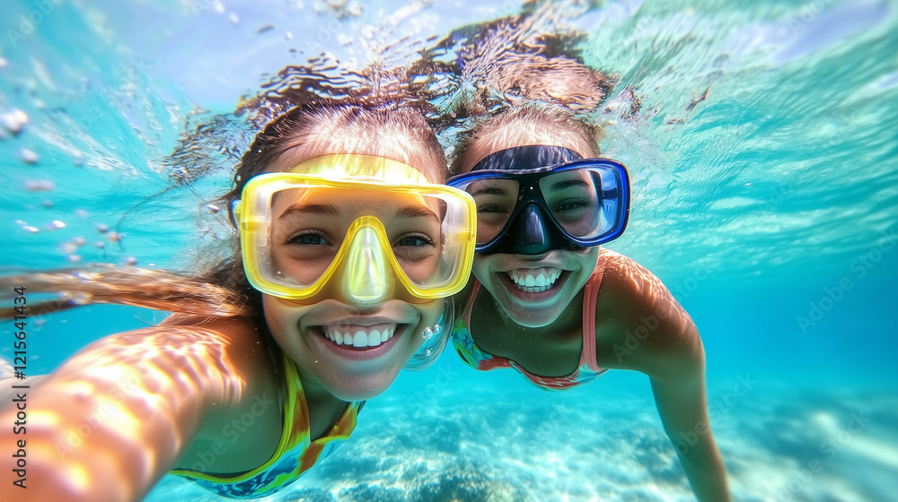 Fototapeta premium Women Snorkeling in the Caribbean: Exploring the Clear Tropical Waters. Caribbean women snorkeling, tropical snorkeling experience, clear ocean waters, underwater discovery, Caribb