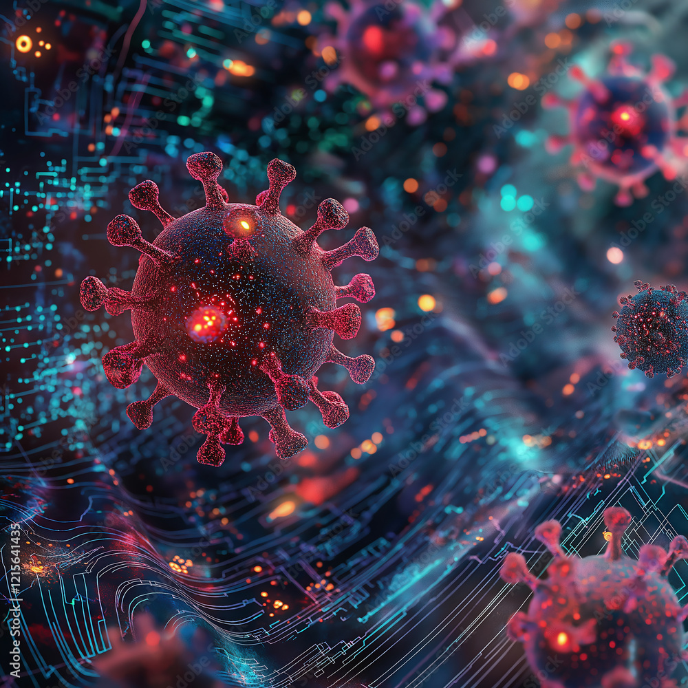 Close-up of a virus particle with digital cybernetic background Close-up of a virus particle with digital cybernetic background