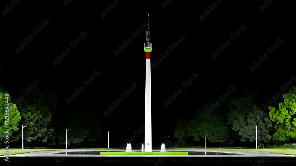 Obraz premium Illuminated tower at night, surrounded by trees and a plaza.