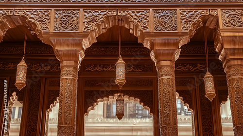 Intricate wooden archways with carved details and hanging lanterns.
