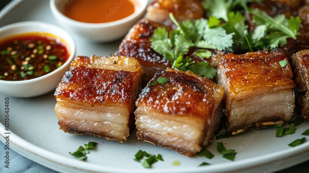 A beautifully arranged plate of crispy pork belly, garnished with fresh herbs and served alongside dipping sauces, showcasing the rich textures and flavors of this delicious dish. A beautifully arranged plate of crispy pork belly, garnished with fresh herbs and served alongside dipping sauces, showcasing the rich textures and flavors of this delicious dish.