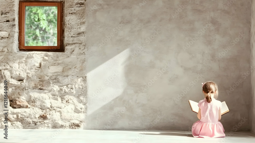 Little girl sits reading book against rustic stone wall. Little girl sits reading book against rustic stone wall.