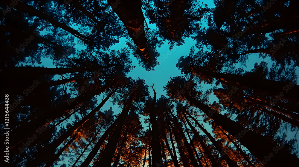 Obraz premium Low angle view of tall trees against a twilight sky.