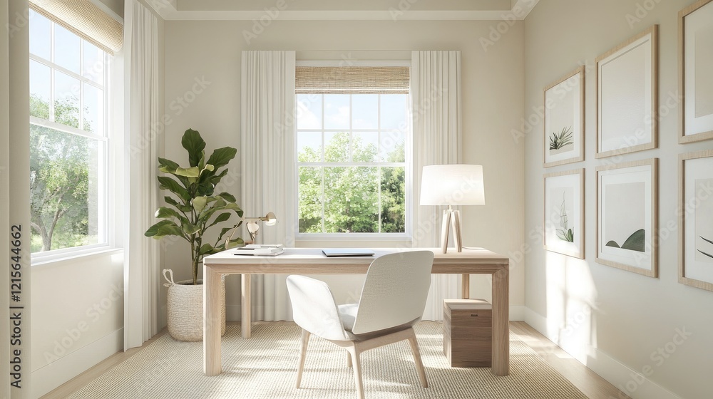 A bright and airy home office in a minimalist style, featuring a simple desk, ergonomic chair, and ample natural light, fostering productivity in a clutter-free environment. A bright and airy home office in a minimalist style, featuring a simple desk, ergonomic chair, and ample natural light, fostering productivity in a clutter-free environment.