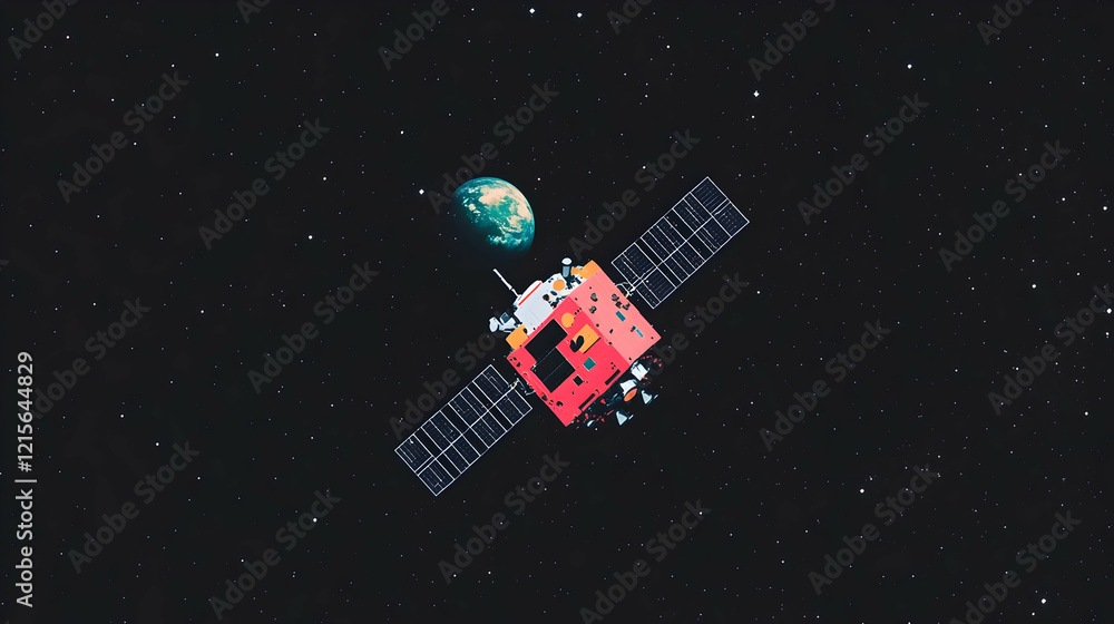 Fototapeta premium Low-poly satellite orbiting Earth in space.