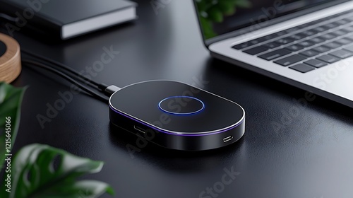 Sleek tech hub on desk, laptop nearby, plant in corner