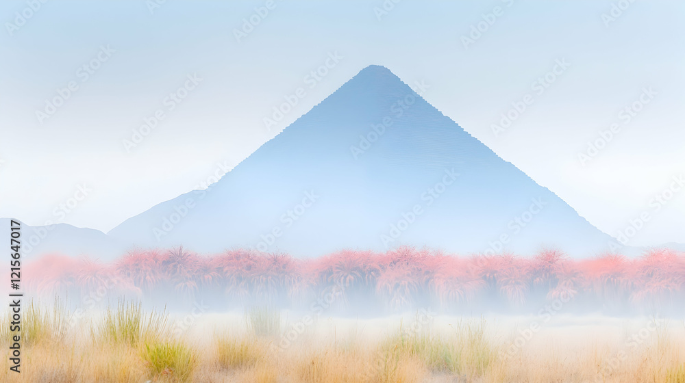 Naklejka premium Misty morning landscape with a lone mountain and flowering trees in the foreground.