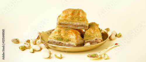 Plate with tasty baklava on yellow background photo