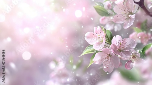 Wallpaper Mural A close-up of cherry blossom flowers with soft pink petals and green leaves, set against a blurred background of a lush, blooming cherry tree. Torontodigital.ca