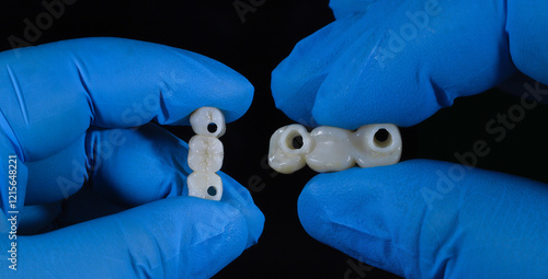 Dental implant surgery and dental implant supported bridge prosthesis. Screw retained treatment with porcelain crown restoration made of zirconium porcelain.
