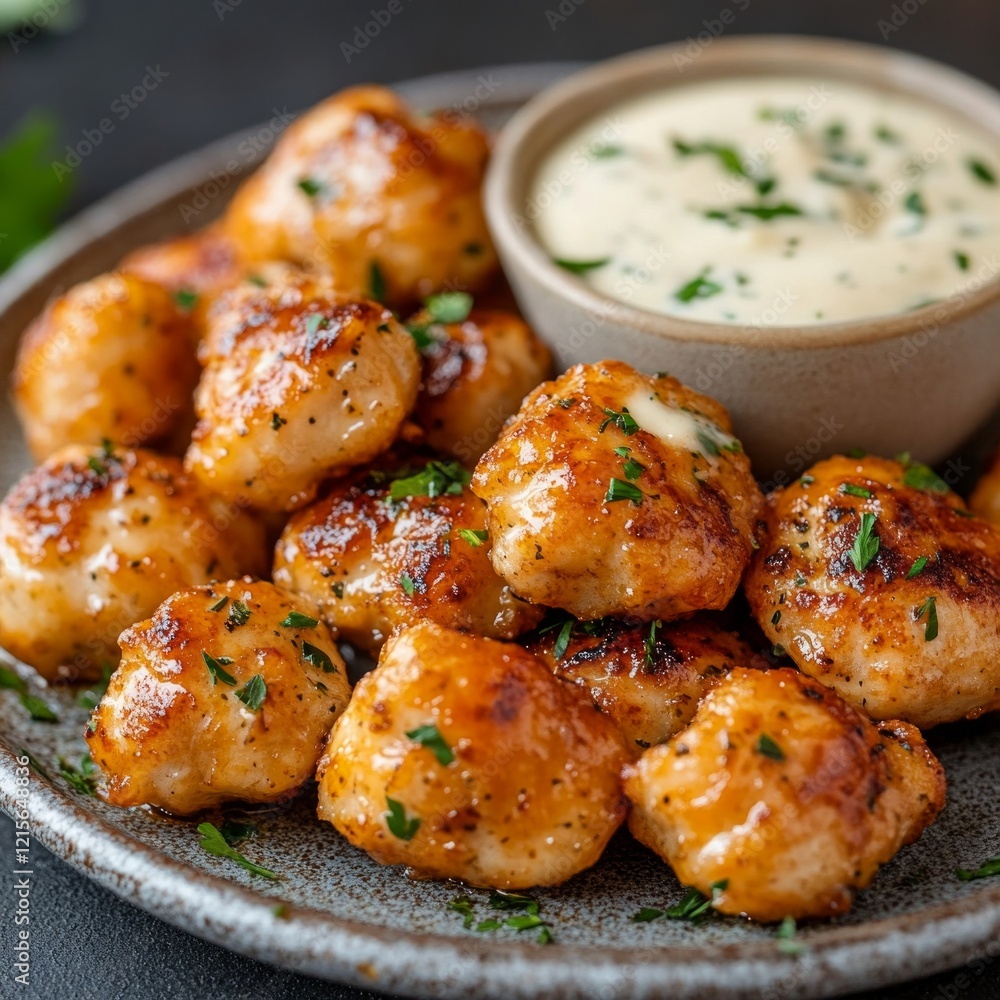 Savory chicken bites with creamy dipping sauce and fresh herbs Savory chicken bites with creamy dipping sauce and fresh herbs
