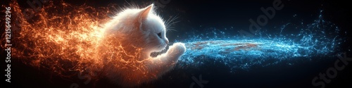 Mystical Cat with Fiery and Icy Auras in Cosmic Battle - Fantasy Art, Feline Magic, Dual Element Forces, Enchanted Blue and Orange Flames, Enigmatic Night Sky photo