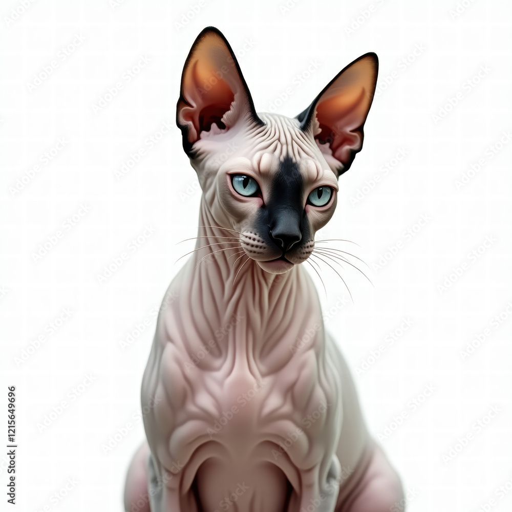 Fototapeta premium A regal Sphynx cat with striking blue eyes sits poised on a white surface, exuding an air of sophisticated curiosity and otherworldly charm