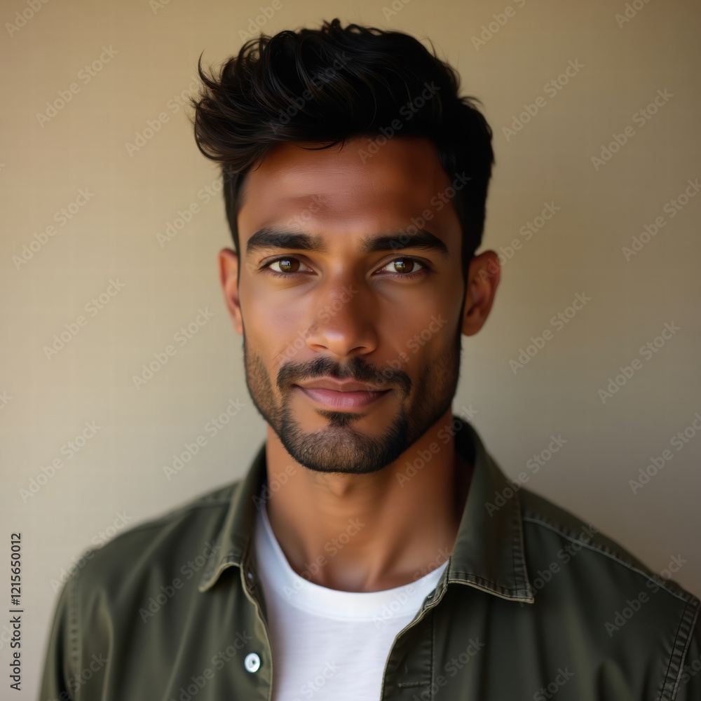 Obraz premium A handsome man with dark hair and a jacket smiles confidently, radiating approachability and casual charm