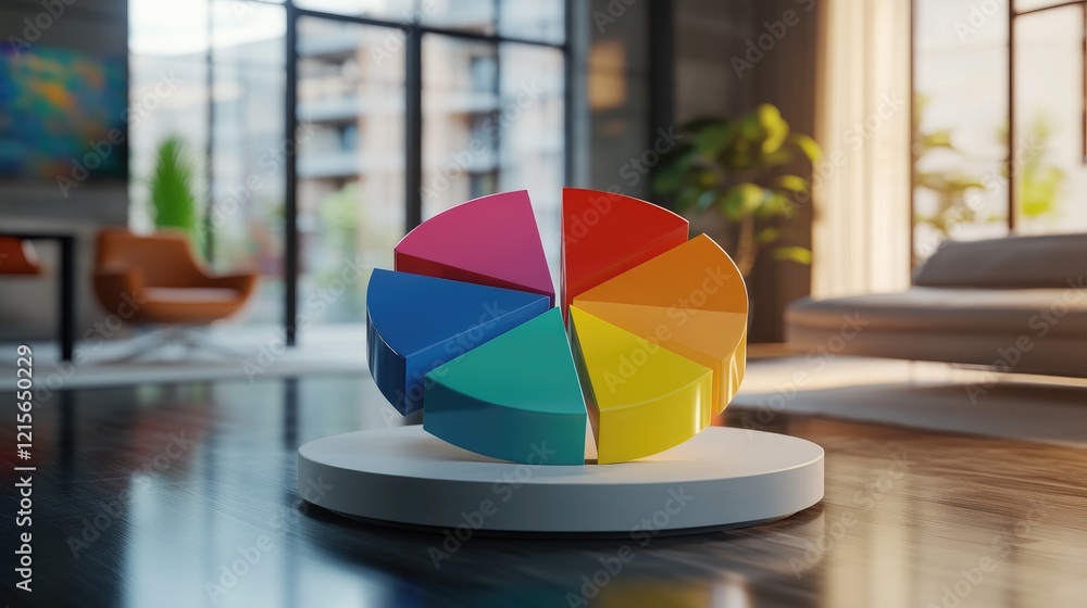 Fototapeta premium A colorful D pie chart vividly displaying market share distribution, with labeled segments and dynamic shadows, set against a sleek office background, emphasizing data visualization and analysis.