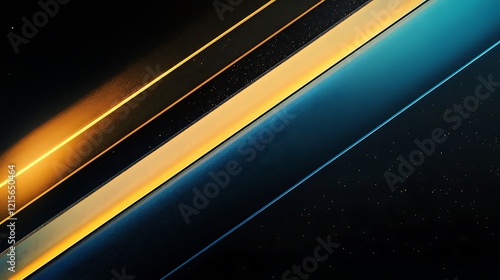 A minimalist abstract design featuring bold diagonal bands of blue and gold light with a glowing gradient effect, set against a dark void