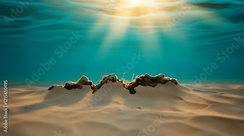 Underwater scene showcasing sandy terrain with sunlight filtering through water, creating a serene atmosphere photo