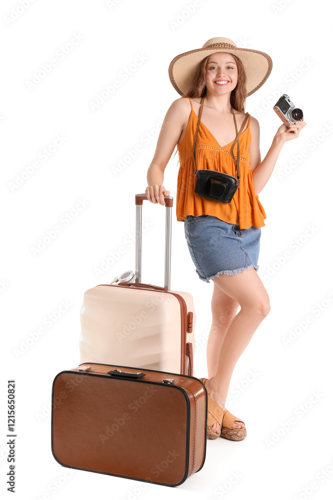 Female tourist with photo camera and suitcases on white background Female tourist with photo camera and suitcases on white background