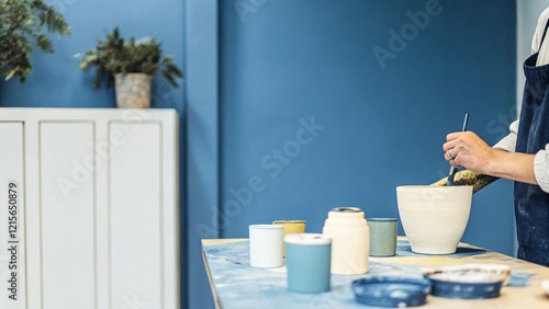 Painting pottery in an art studio creative process artistic environment close-up view pottery crafting for seo impact photo