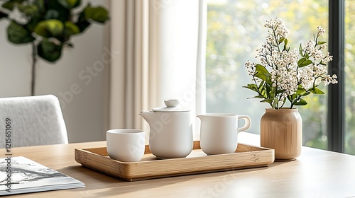 Tea set on a wooden tray, flowers in a vase, next to window. Interior design stock photo photo