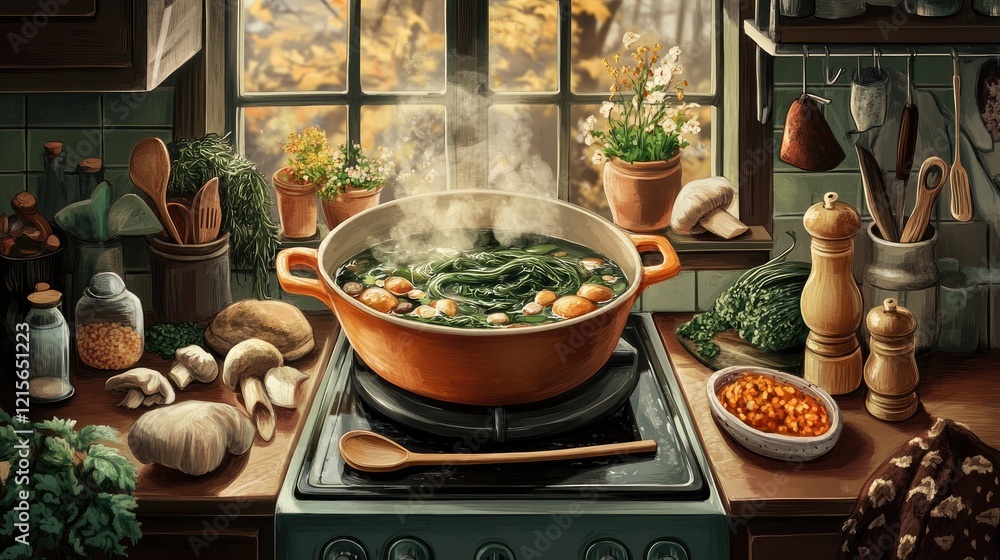 A cozy kitchen scene with a pot of bubbling seaweed soup on the stove, surrounded by fresh ingredients like seaweed, mushrooms, and spices, capturing the essence of home cooking. A cozy kitchen scene with a pot of bubbling seaweed soup on the stove, surrounded by fresh ingredients like seaweed, mushrooms, and spices, capturing the essence of home cooking.