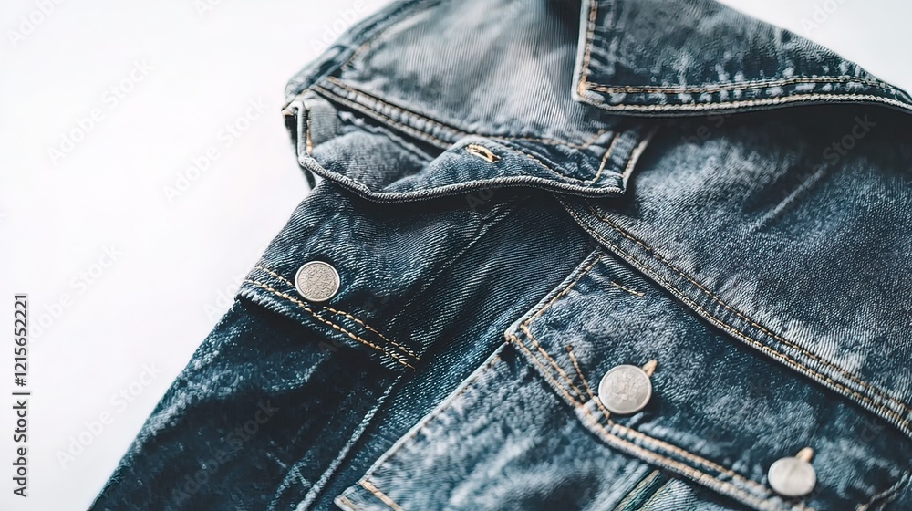 Close-up of a denim jacket's collar and buttons, showcasing its texture and details against a white background. Close-up of a denim jacket's collar and buttons, showcasing its texture and details against a white background.