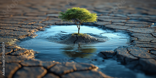 Resilient tree survives in drought-stricken landscape isolated water pool nature scene dry environment close-up view hope amidst despair