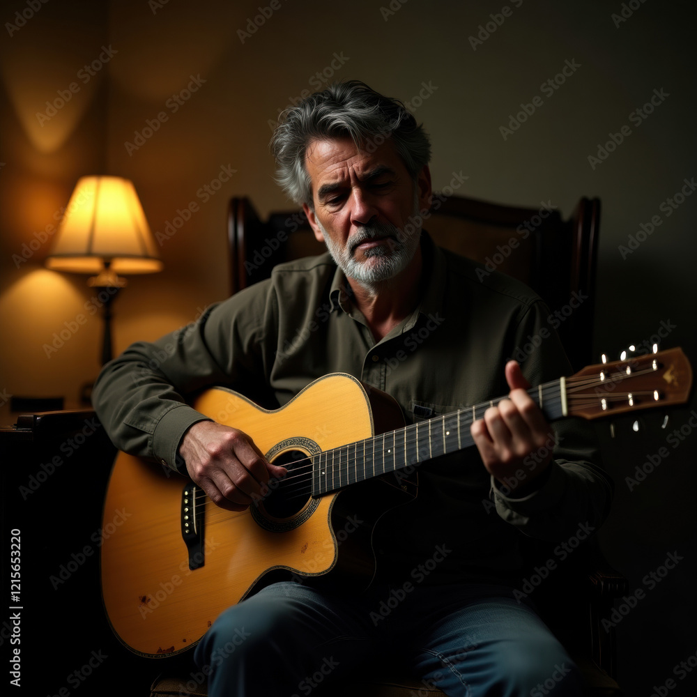 Obraz premium A man cradles a weathered, acoustic guitar, his fingers press down on the fretboard, coaxing out melancholic chords that resonate with a sadness born of memories
