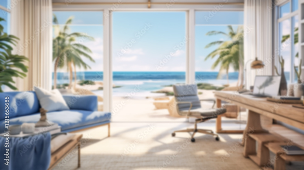 Obraz premium Blurred coastal office retreat with large windows offering a sea view, perfect for Zoom or Google Meet background featuring a modern workspace.