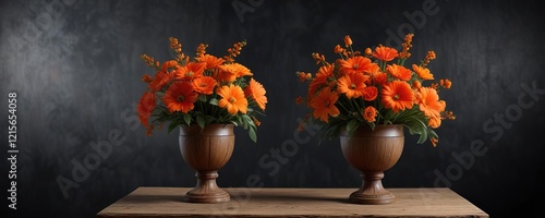 Wallpaper Mural A beautiful handcrafted orange flower bouquet placed on a rustic wooden pedestal against a dark background, wooden pedestals, textured vases Torontodigital.ca