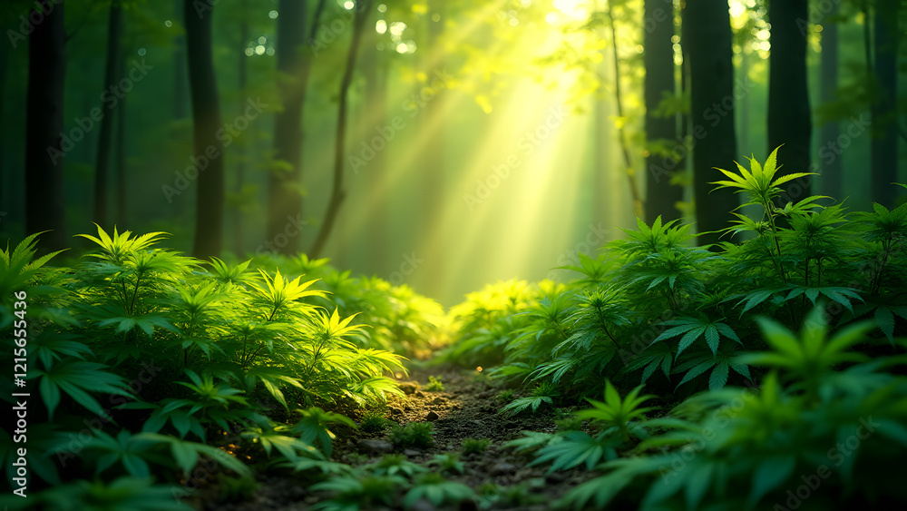 A surreal forest entirely made of glowing marijuana leaves, illuminated with green and golden hues, detailed textures, and magical sunlight filtering through. A surreal forest entirely made of glowing marijuana leaves, illuminated with green and golden hues, detailed textures, and magical sunlight filtering through.
