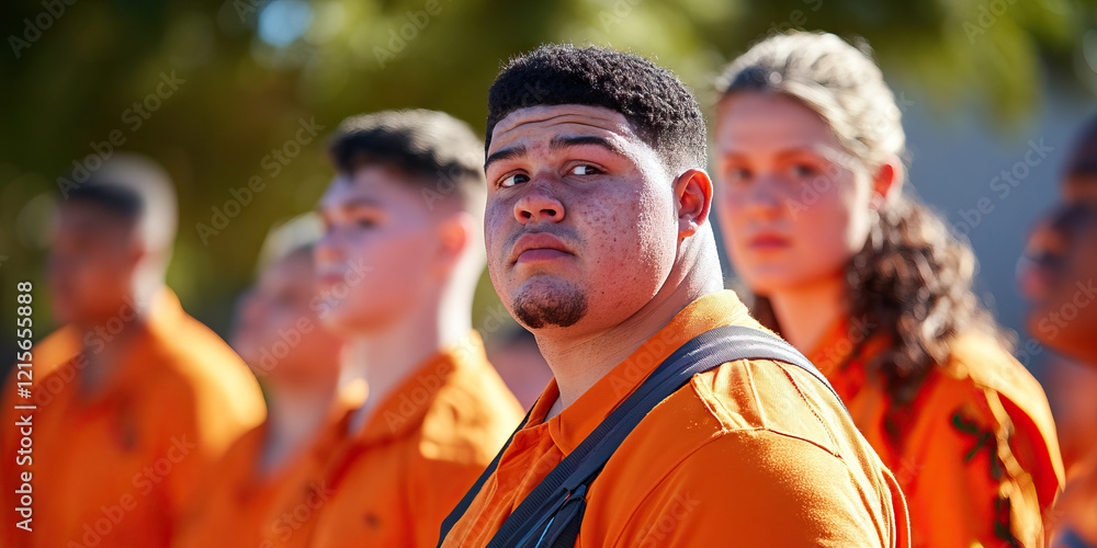 Fototapeta premium Young Man in Orange Shirt with Blurred Background