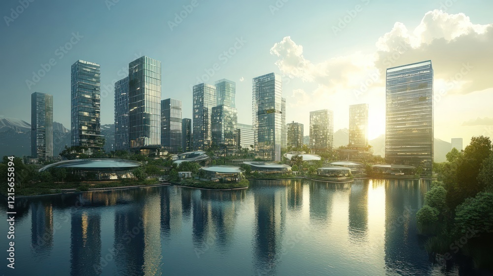 Fototapeta premium Modern Cityscape at Sunset: Architectural Marvel by the Lake