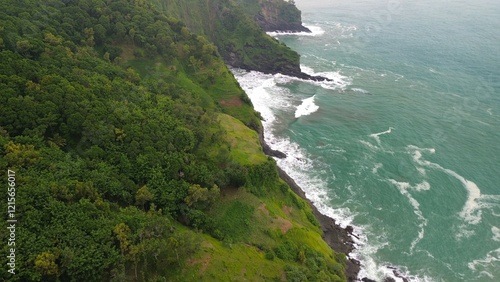 Aerial drone view of coastline with hills and trees, as well as view of coral cliffs and sea with waves from the ocean in Sagara view also known as Karang Bolong Beach Kebumen Central Java Indonesia photo