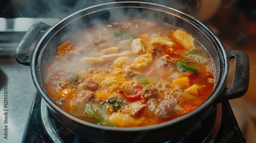 A high-angle shot of a bubbling pot of soup on the stove, with colorful vegetables and meat visible through the steam, creating a comforting cooking scene. A high-angle shot of a bubbling pot of soup on the stove, with colorful vegetables and meat visible through the steam, creating a comforting cooking scene.